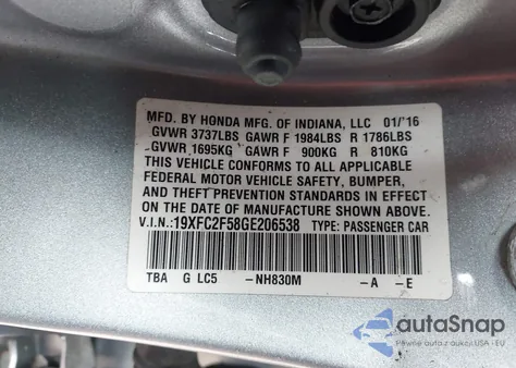 2016 Honda Civic Lx z USA, uszkodzony, nr VIN 19XFC2F58GE206538